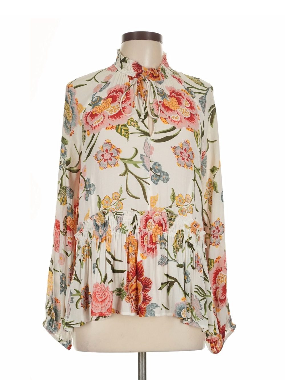 LOFT Cream Floral Tie-Neck Peplum Blouse
